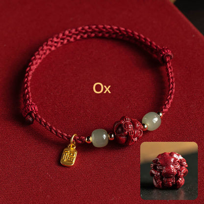 Mythstone Natural Cinnabar Chinese Zodiac Hetian Jade Fu Character Luck Rope Bracelet Bracelet Mythstone Ox(Wrist Circumference 14-18cm)