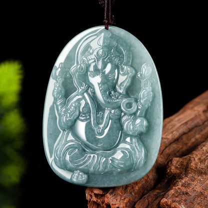 Mythstone Natural Jade Ganesh Ganpati Elephant Protection Amulet Necklace Pendant