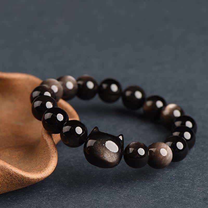 Mythstone Gold Sheen Obsidian Silver Sheen Obsidian Lovely Paw Lucky Cat Protection Bracelet