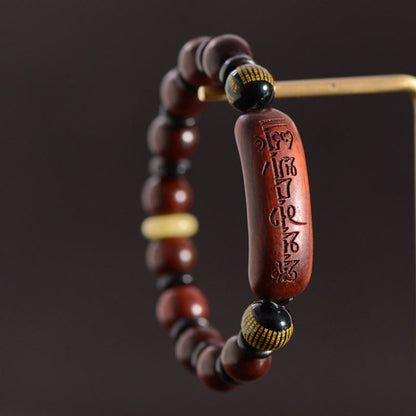 Mythstone Small Leaf Red Sandalwood Om Mani Padme Hum Engraved Protection Bracelet