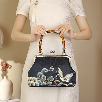 Mythstone Auspicious Clouds Cranes Embroidery Bamboo Handle Handbag Crossbody Bag