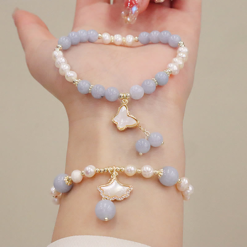 Mythstone Natural Aquamarine Pearl Healing Ginkgo Leaf Butterfly Charm Bracelet