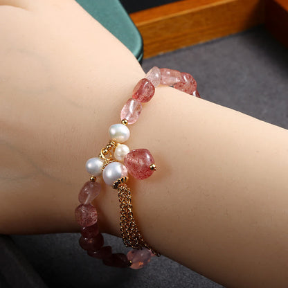 Mythstone Natural Strawberry Quartz Pearl 14k Gold Plated Love Healing Bracelet