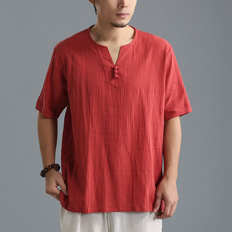 Mythstone Men's Solid Color V-Neck Button Short Sleeve Cotton Linen Shirt