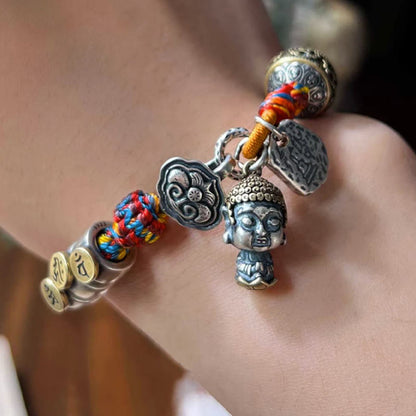 Mythstone Handmade Tibetan 925 Sterling Silver Chinese Zodiac Natal Buddha Zakiram Goddess of Wealth Protection Multicolored Rope Braided Bracelet