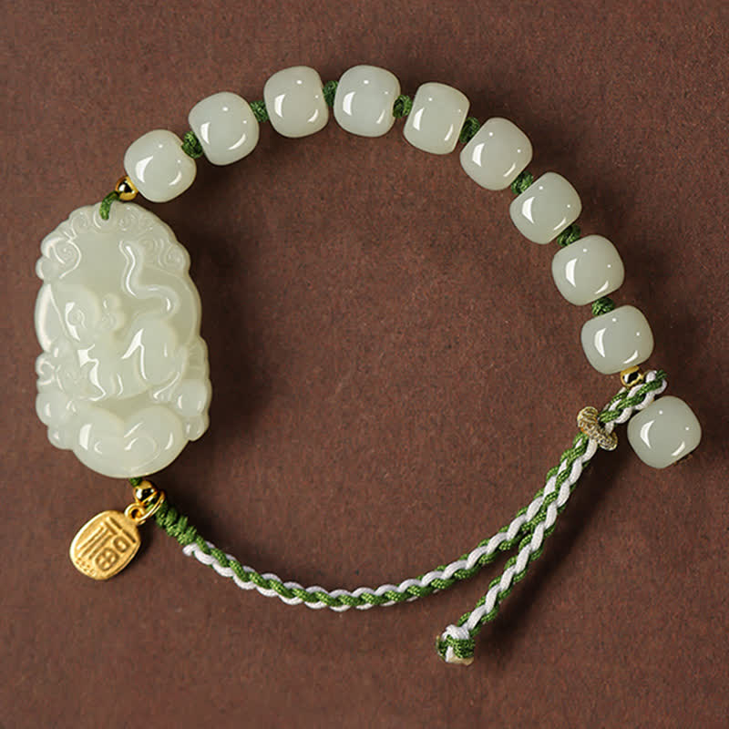 Mythstone 925 Sterling Silver Chinese Zodiac Hetian Jade Happiness Luck String Bracelet