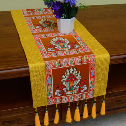 Mythstone Prayer Altar Mat Man-Bcu Kalachakra Endless Knot Vajra Tibetan Auspicious Symbols Tassels Table Runner