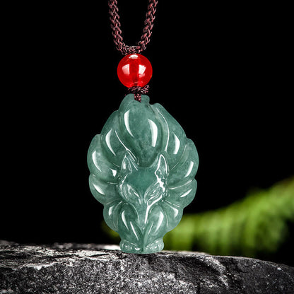 Mythstone Natural Green Jade Nine-Tailed Fox Luck Necklace Pendant