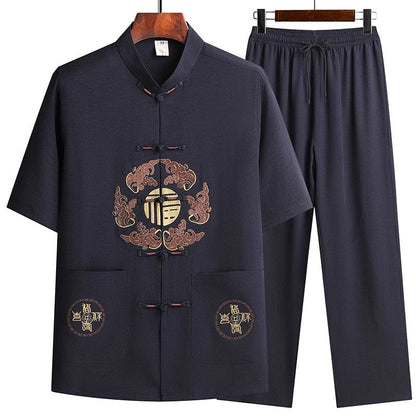 Mythstone Fu Character Tang Suit Hanfu Traditional Uniform Short Sleeve Top Pants Clothing Men's Set