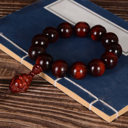 Mythstone Small Leaf Red Sandalwood Laughing Buddha God of Wealth Protection Bracelet