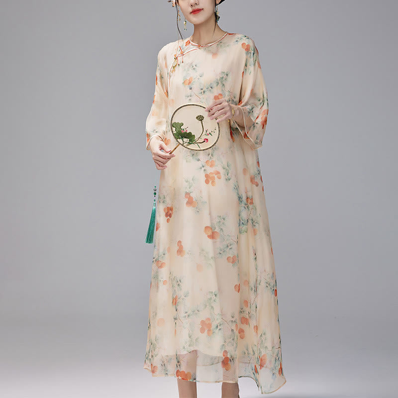 Mythstones 100% Mulberry Silk 6 Momme Dress Vintage Loose Lychee Fruit Tree Patttern Qipao Dress Women's Cheongsam Dress