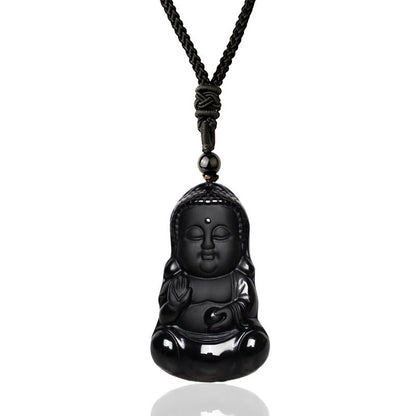 Mythstone Natural Black Obsidian Crystal Buddha Strength Protection Amulet Lucky Charm Pendant Necklace