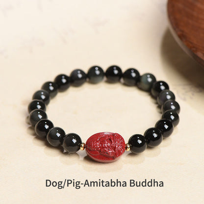 Mythstone Chinese Zodiac Natal Buddha Natural Black Obsidian Cinnabar Purification Bracelet