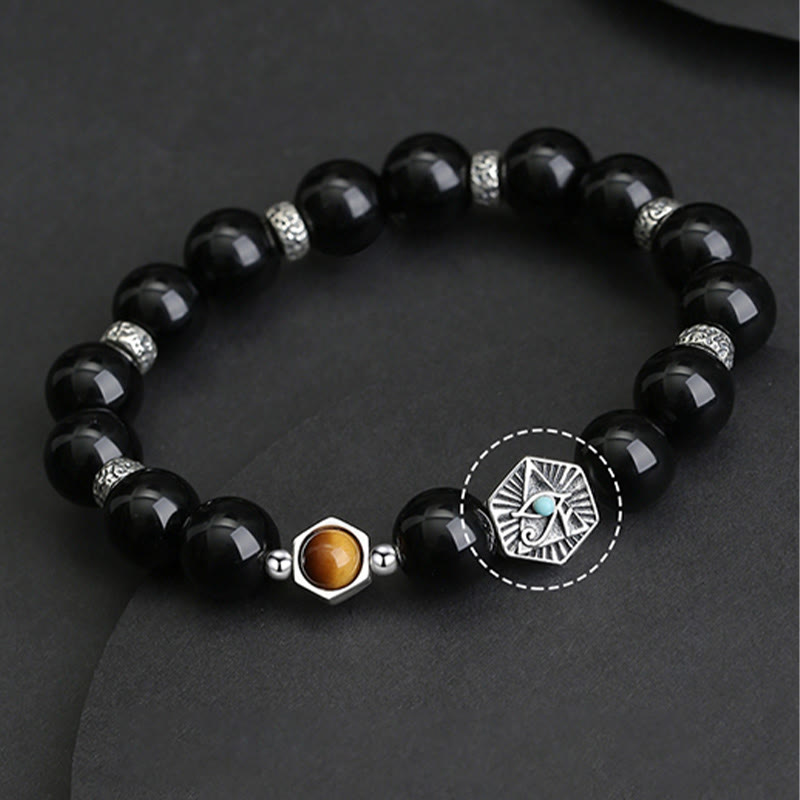 Pulsera de purificación con ojo de tigre y obsidiana negra de plata de ley 925 Mythstone