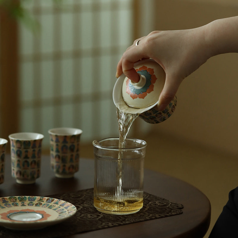 Taza de té de kung fu Gaiwan con tapa y diseño de apsaras voladoras de mil budas de Mythstone Dunhuang