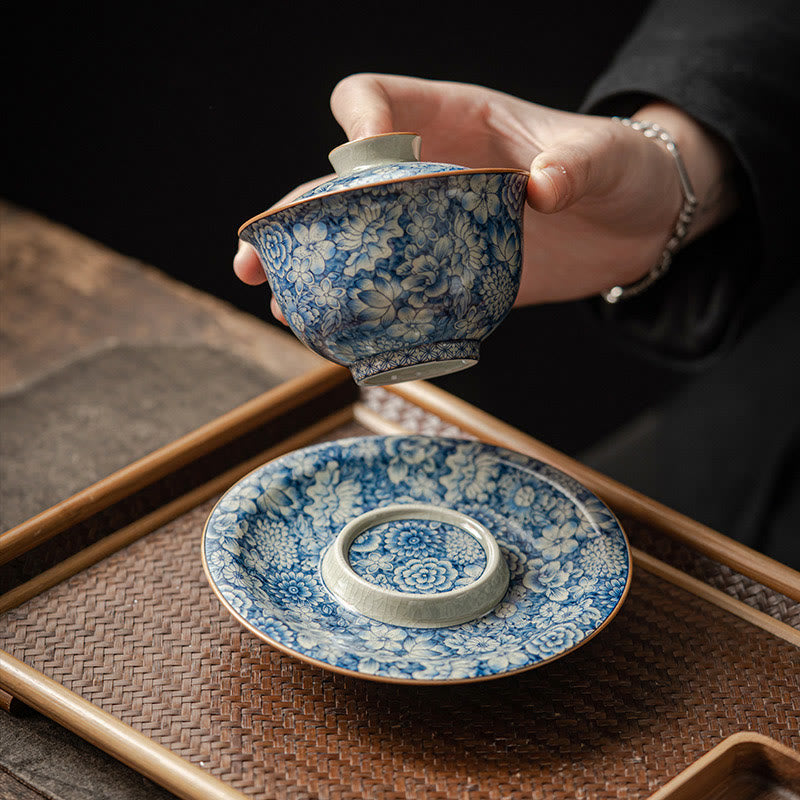 Mythstone Vintage Blue And White Porcelain Peach Blossom Lotus Peony Ceramic Gaiwan Sancai Teacup Kung Fu Tea Cup And Saucer With Lid