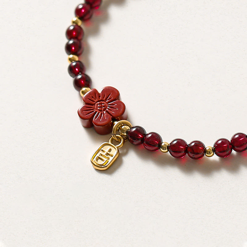 MythStone 14K Gold Natural Garnet Cinnabar Flower Calm Bracelet