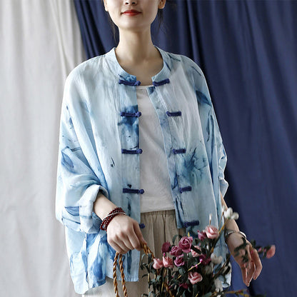 Mythstone Tie Dye Blue Flowers Frog-Button Design Long Sleeve Ramie Linen Jacket Shirt