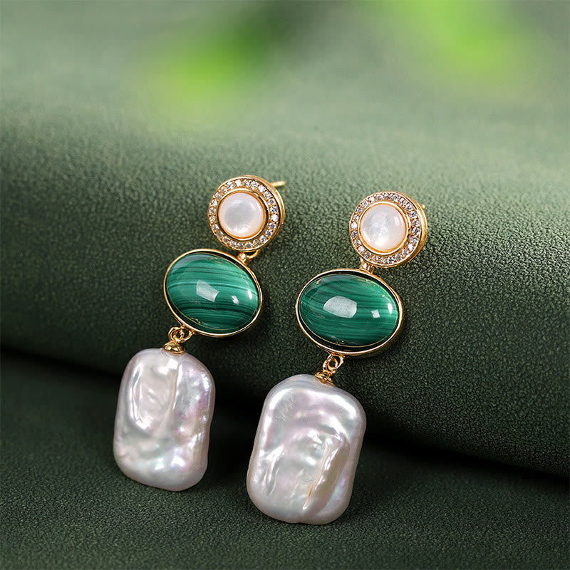 Mythstone 925 Sterling Silver Natural Baroque Pearl Malachite Healing Wisdom Drop Earrings