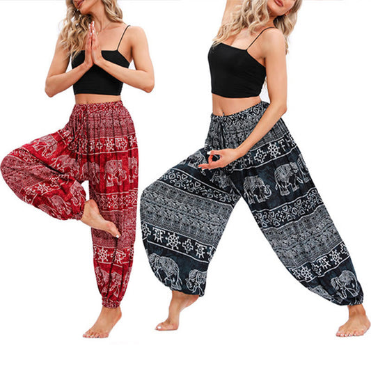 Mythstone Elephant Geometry Pattern Casual Loose Harem Trousers Women's Yoga Pants