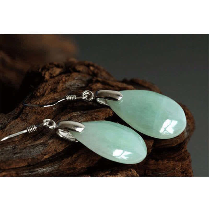 Mythstone 925 Sterling Silver Jade Water Drop Luck Dangle Earrings