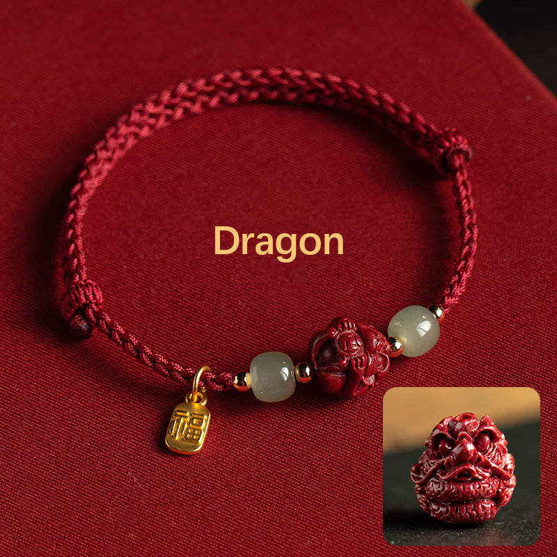 Mythstone Natural Cinnabar Chinese Zodiac Hetian Jade Fu Character Luck Rope Bracelet Bracelet Mythstone Dragon(Wrist Circumference 14-18cm)