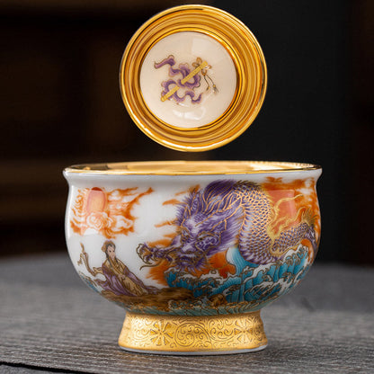 Mythstone Golden Eagle Auspicious Dragon Sun Ocean Waves Gilt Ceramic Teacup Kung Fu Tea Cup