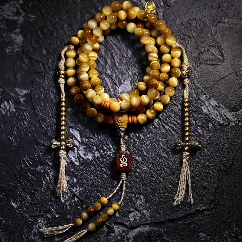 Mythstone 108 Mala Beads Natural Tiger Eye Copper Dorje Protection Tassel Bracelet