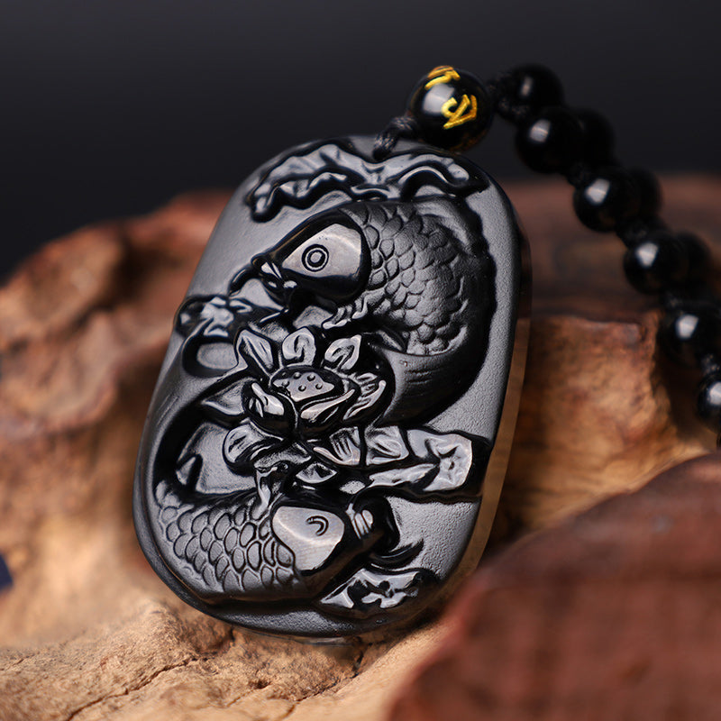 Mythstone Natural Black Obsidian Koi Fish Lotus Strength Beaded Necklace Pendant