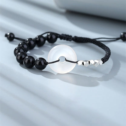 Mythstone 925 Sterling Silver Black Obsidian Agate Peace Buckle Strength Bracelet