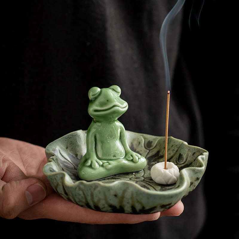 Mythstone Leaf Meditation Frog Pattern Healing Ceramic Incense Burner Decoration