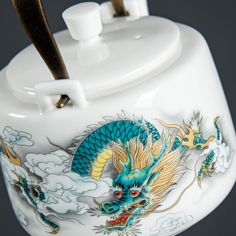 Mythstone Vintage Dragon Mountain Fisherman Landscape White Porcelain Ceramic Kung Fu Teapot