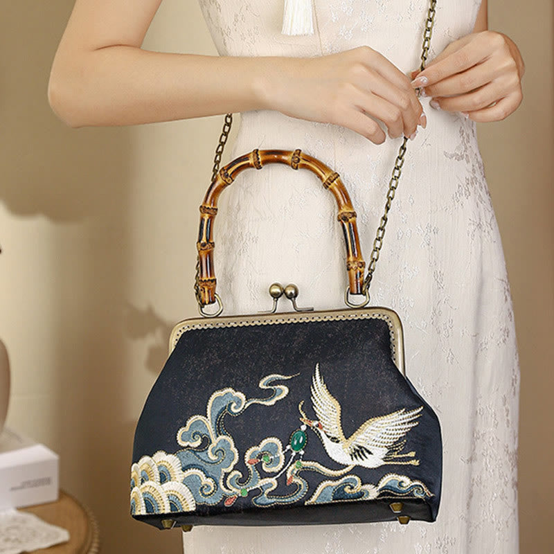 Mythstone Auspicious Clouds Cranes Embroidery Bamboo Handle Handbag Crossbody Bag