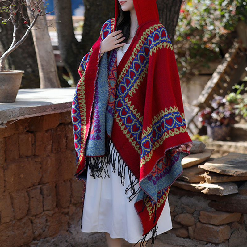 Mythstone Tibetan Shawl Red Love Heart Tassel Hooded Cloak Winter Cozy Travel Scarf Wrap