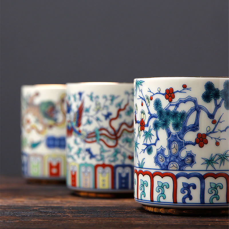 Mythstone Vintage Plum Blossom Pine Bamboo Phoenix Kirin Lion Dancing Ceramic Teacup Tea Cups