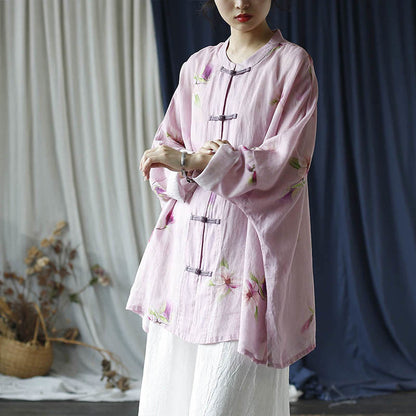 Mythstone Pink Flower Print Frog-button Design Batwing Long Sleeve Ramie Linen Jacket Shirt