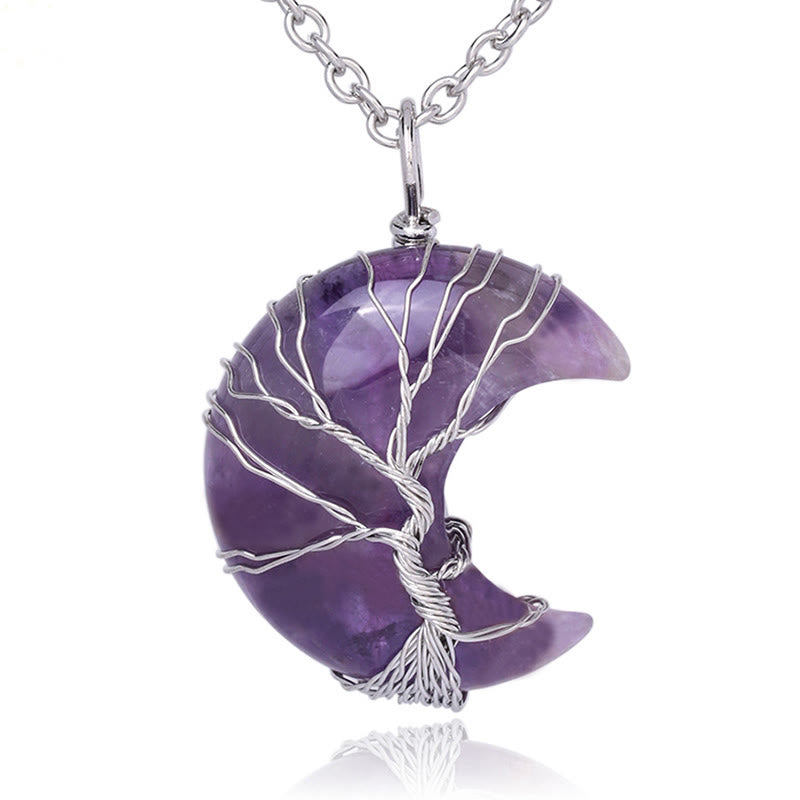 Mythstone Natural Quartz Crystal Moon Tree Of Life Healing Energy Necklace Pendant