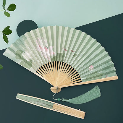 Mythstone Lotus Flowers Leaf Koi Fish Handheld Paper Bamboo Folding Fan