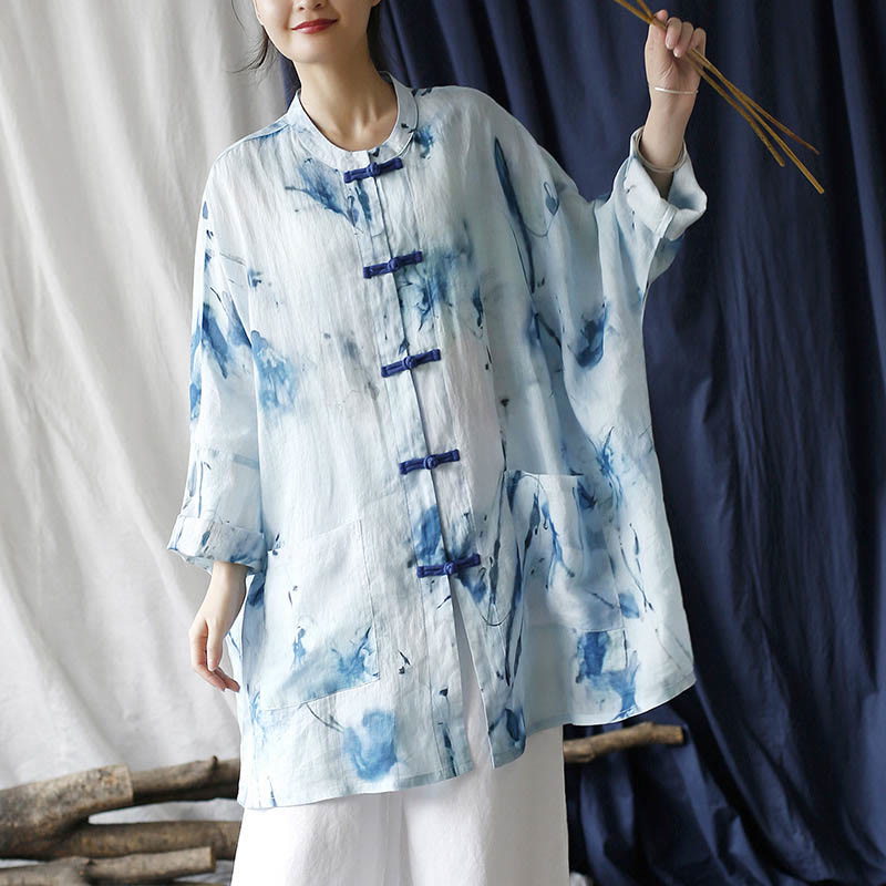 Mythstone Blue White Ink Printing Frog-button Design Long Sleeve Ramie Linen Jacket Shirt With Pockets