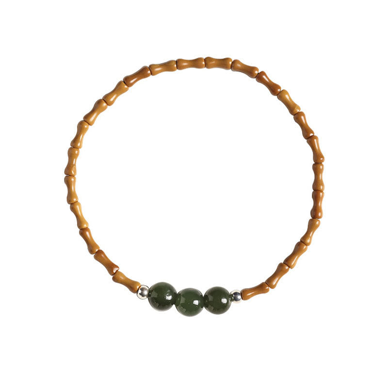 Mythstone Natural Olive Pit Bamboo Pattern Hetian Jade Beads Luck Bracelet