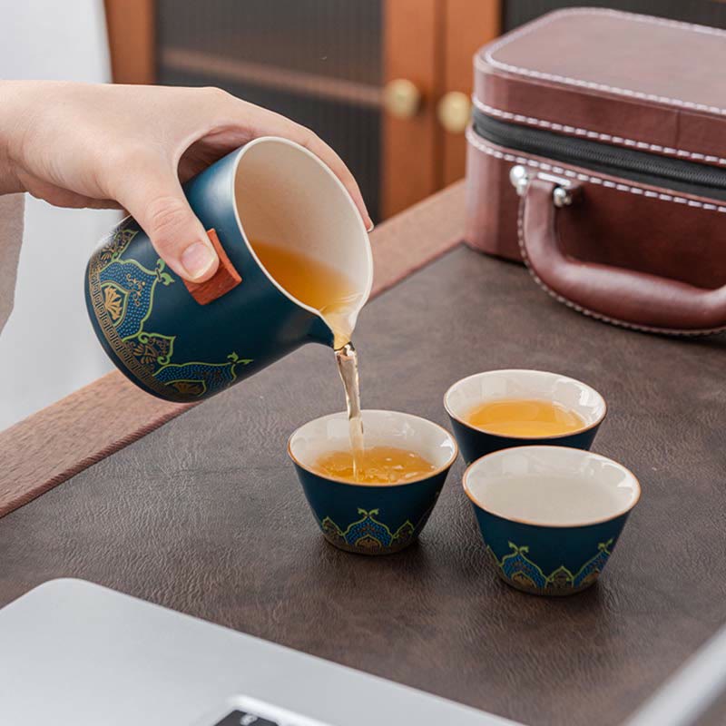 Mythstone Flower Chinese Gongfu Ceramic Teapot Portable Outdoor Travel Tea Set Bag