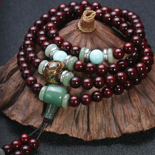 Mythstone 108 Beads Small Leaf Red Sandalwood Green Aventurine Amazonite Luck Healing Bracelet Mala