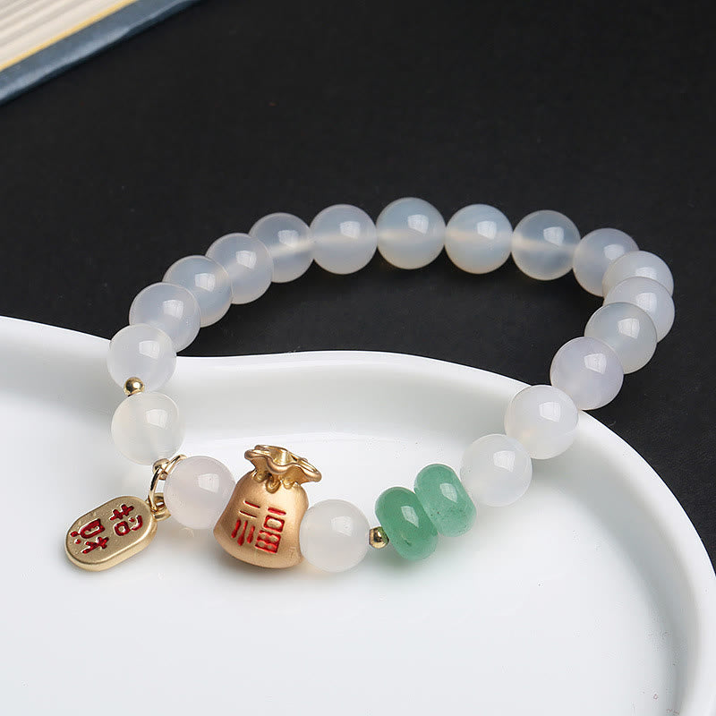 Mythstone Natural White Agate Red Agate Money Bag Fu Character Four Leaf Clover Protection Bracelet