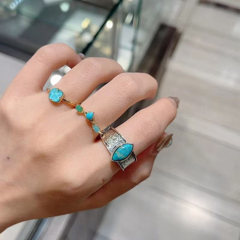 Mythstone 925 Sterling Silver Plated Gold Turquoise Protection Ring Earrings Necklace Pendant Set