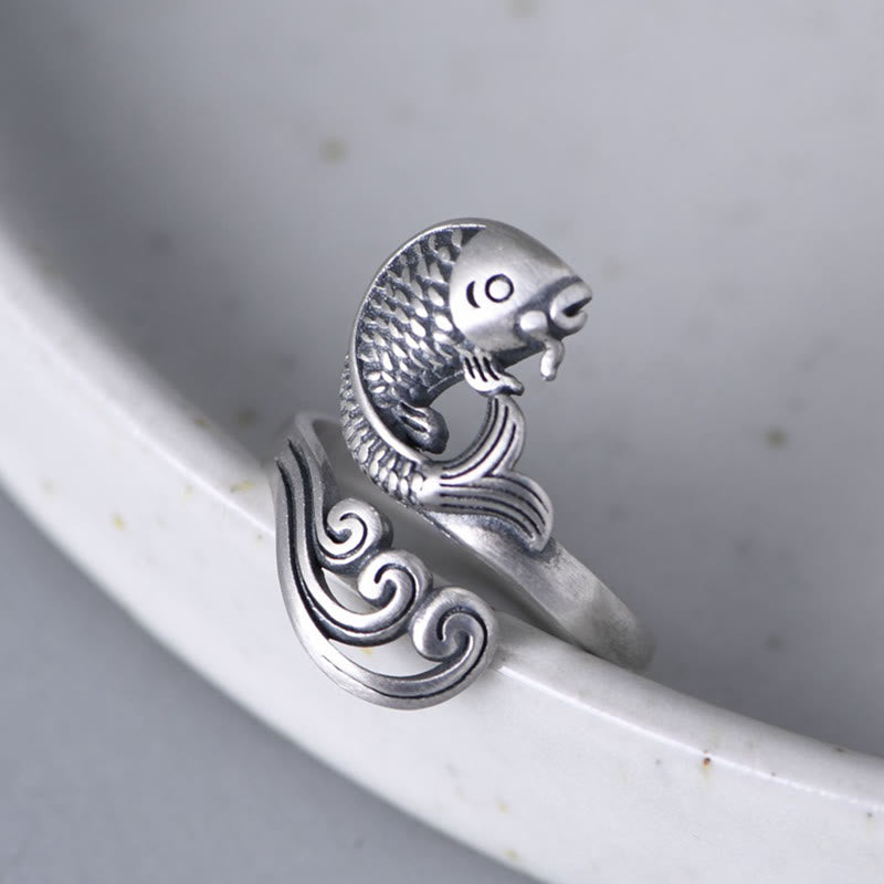 Mythstone 925 Sterling Silver Koi Fish Water Ripple Luck Wealth Ring