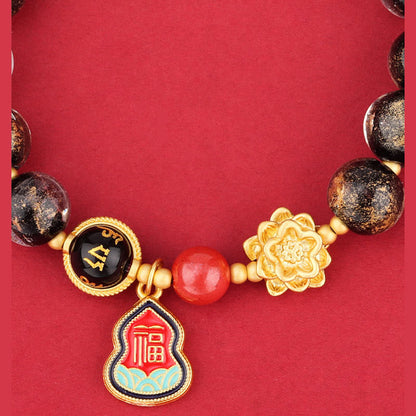 Pulsera de la suerte con cuentas de vidrio de loto y liuli con dije de calabaza y personaje Om Mani Padme Hum Fu del Tíbet