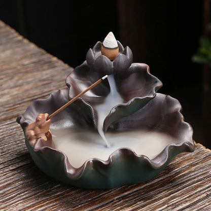 Mythstone Lotus Flower Leaf Frog Butterfly Pattern Healing Ceramic Incense Burner Decoration