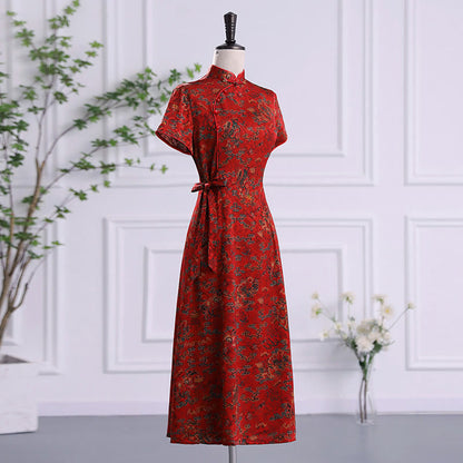 Mythstone Vintage Auspicious Clouds Leaf Print Cheongsam Dress Women's Qipao Dress