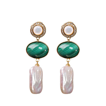 Mythstone 925 Sterling Silver Natural Baroque Pearl Malachite Healing Wisdom Drop Earrings