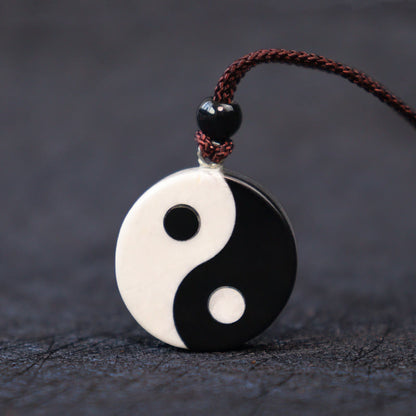 Mythstone Natural Black Obsidian White Turquoise Yin Yang Fulfilment Strength Necklace Pendant